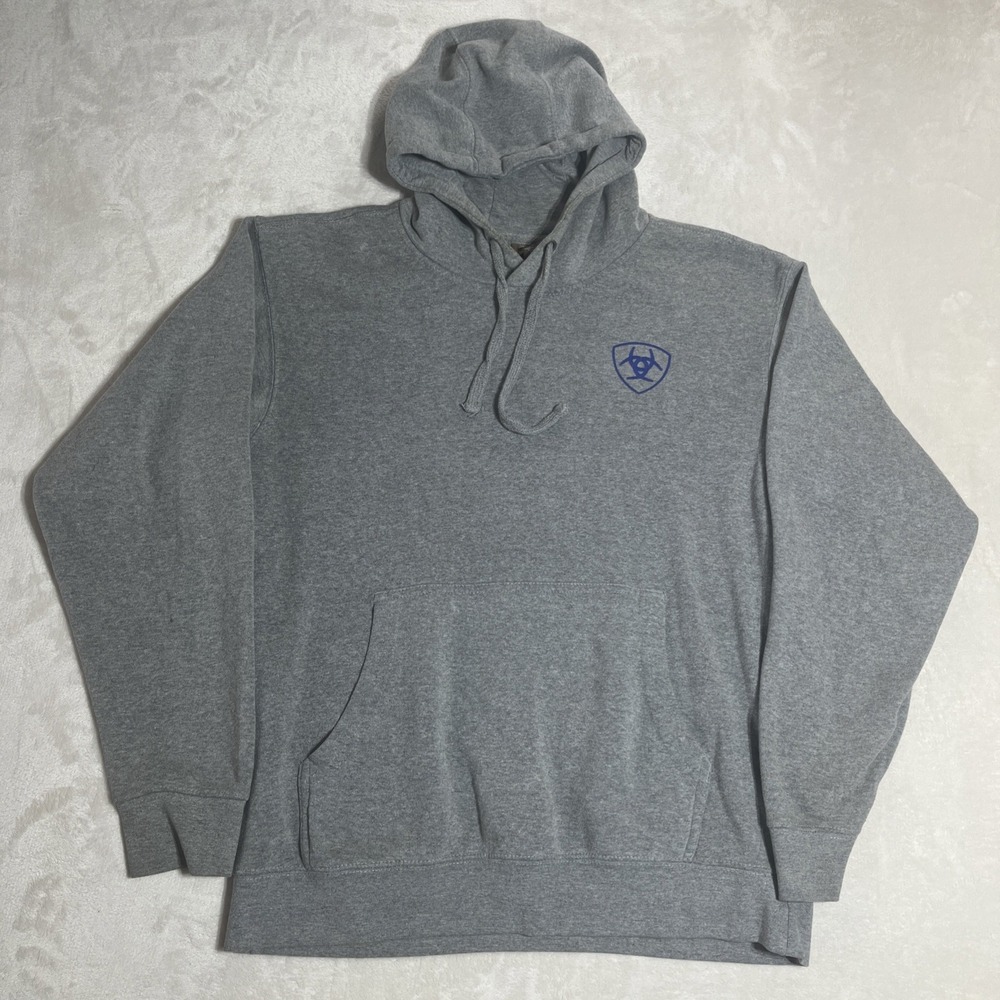 Ariat Logo Hoodie Sweatshirt Men's Size Medium Light Gray Fleece Pullover Flag